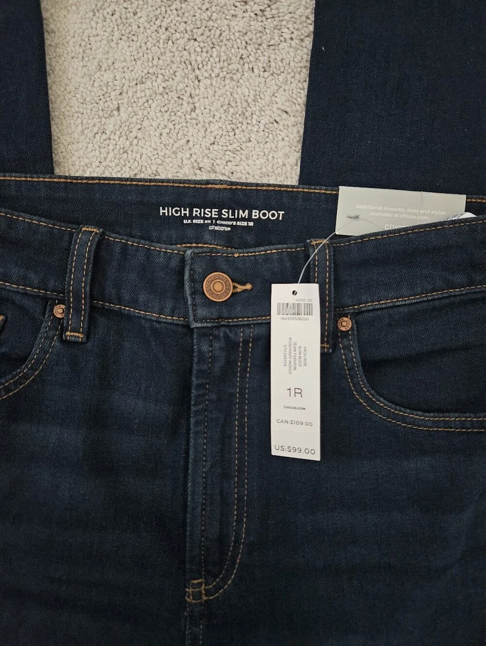 NWT Chicos High Rise Slim Boot Cut Stretch Jeans Rosemary Indigo Womens 8R / 1R
